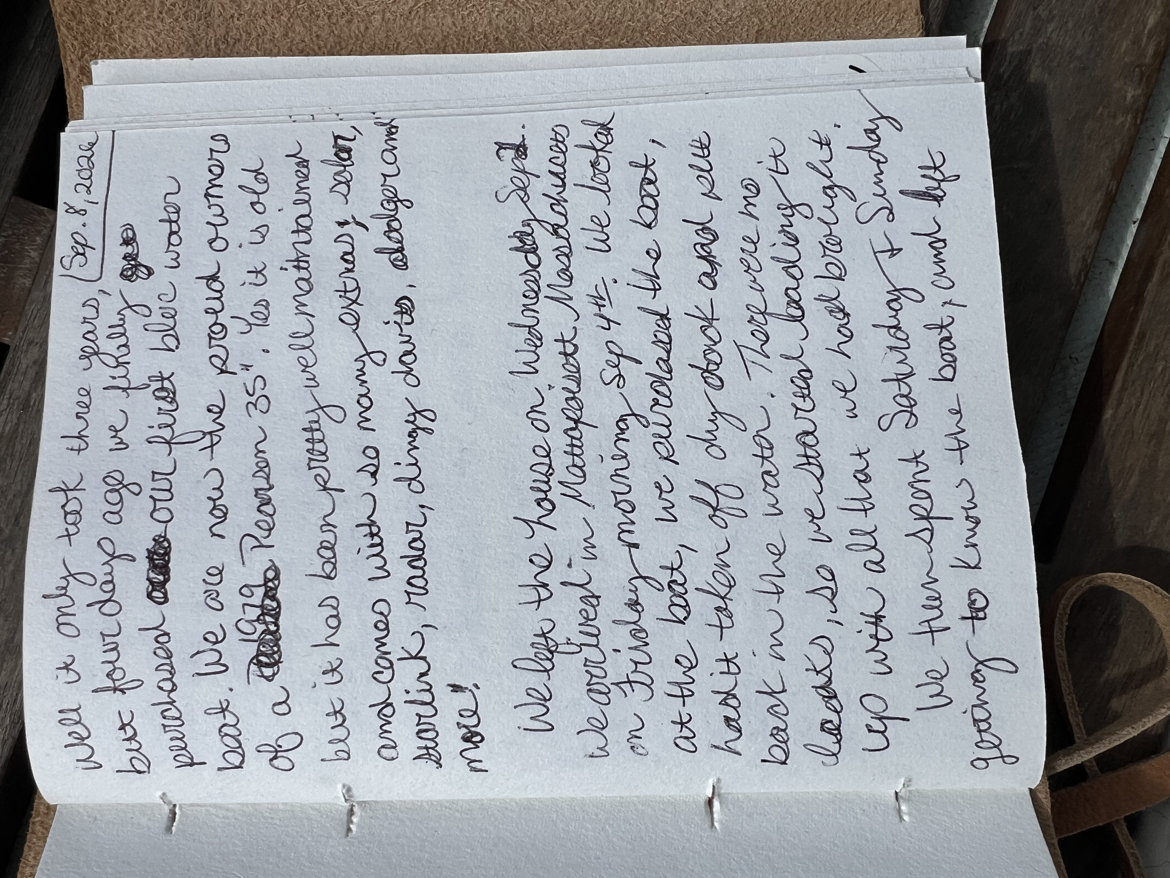 Handwritten page 1 from We bought a Pearson 35!
